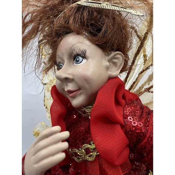 Elf Figurine Red Dress Gold Wings Fairy Pixie Fantasy Signed 12"  Real Eye lashe - Picture 7 of 16